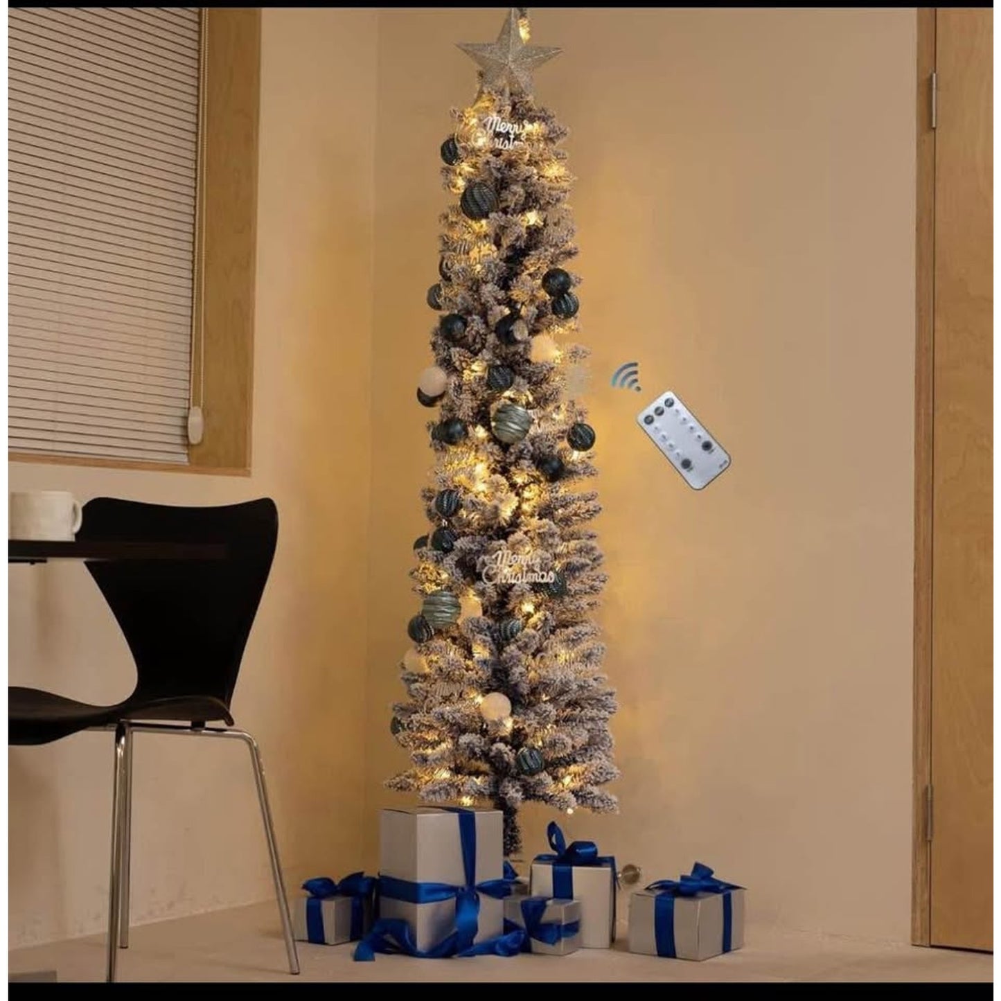 $30 obo 7FT Blue Pre-Lit Skinny Christmas Tree, Auto Open Snow Flocked Full Xmas Tree with 1000 Bran