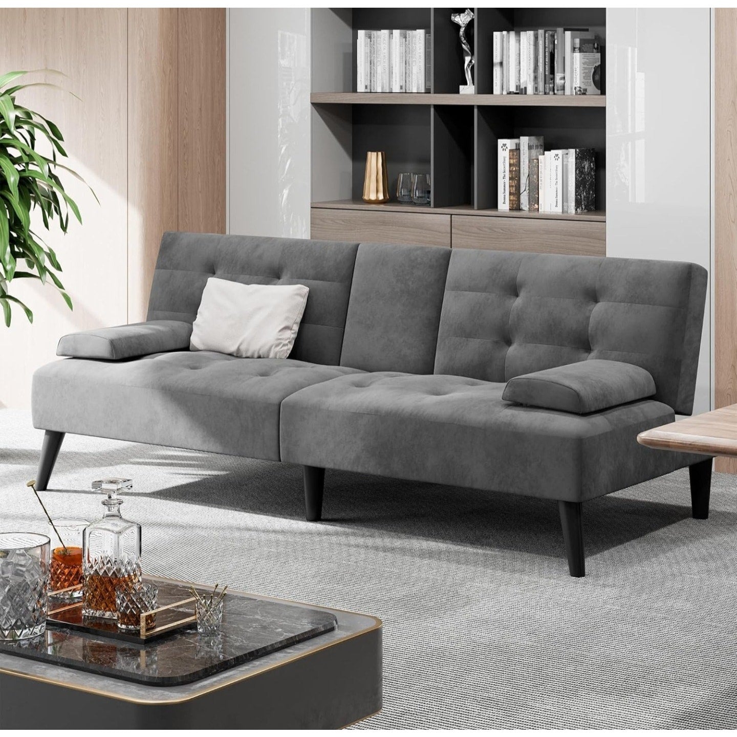 Shintenchi Futon Sofa Bed, Velvet Foldable Couch Reclining Sleeper w/Removable Armrests, Upholstered