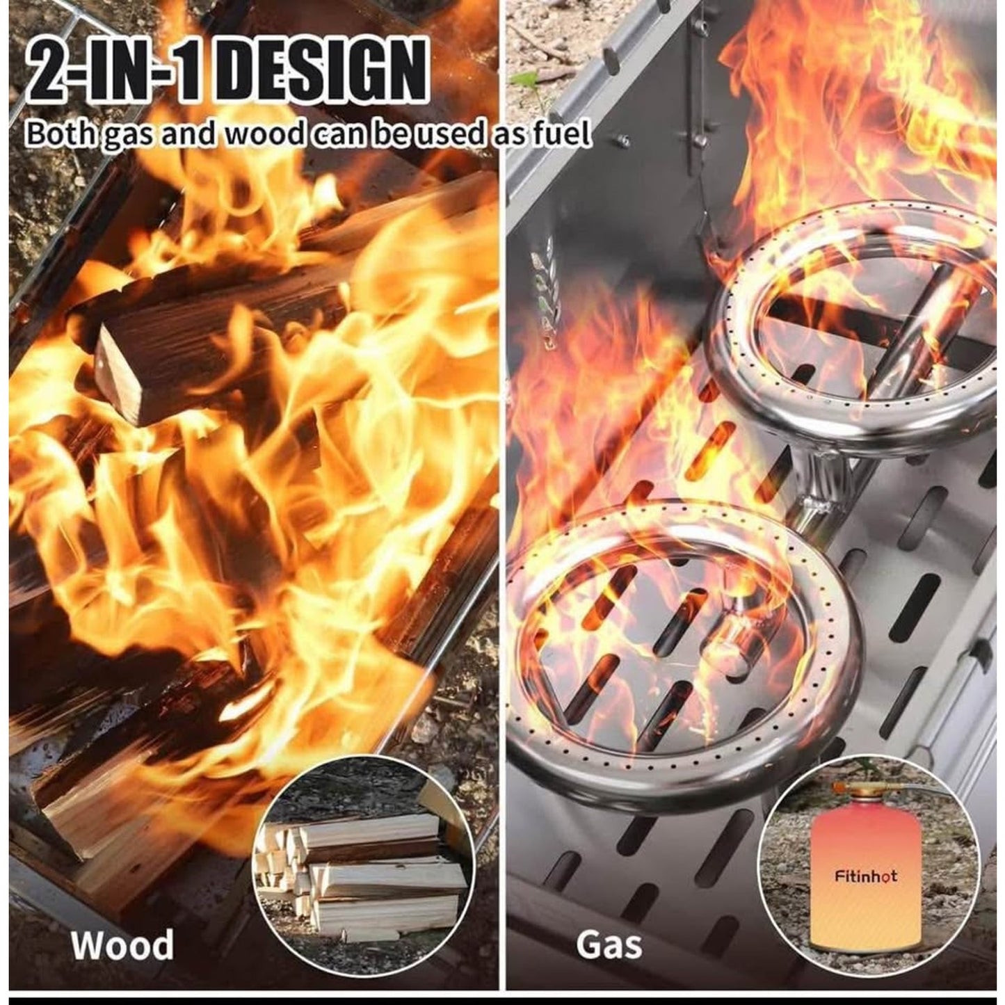 Fitinhot Propane Fire Pit Smokeless Camp Stove Bonfire Pit Stainless Steel with Iso-Butane Hose & Re