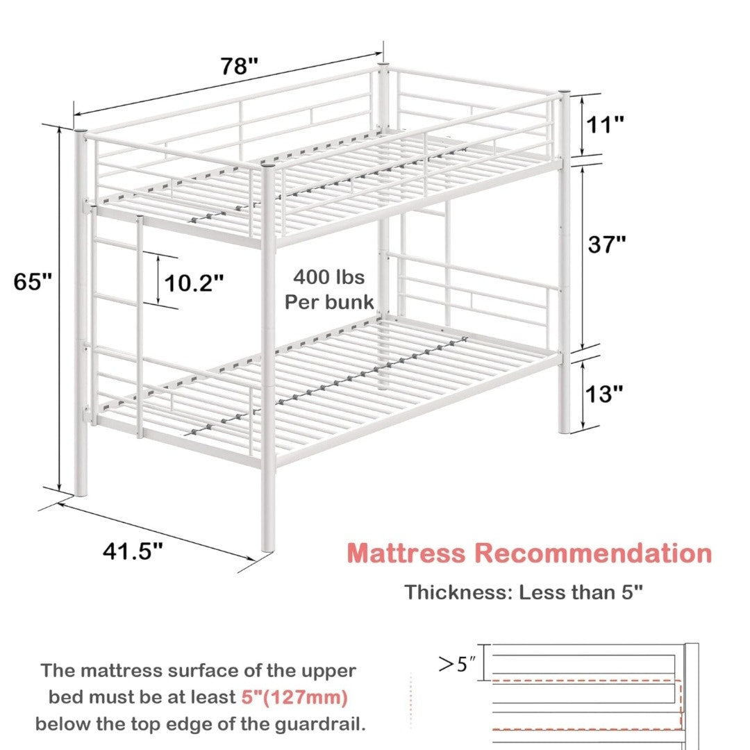 VECELO Bunk Bed Twin Over Twin, Metal Bunkbeds with Ladder and Full-Length Guardrail, No Box Spring Needed, Space Saving, Noise Free, White