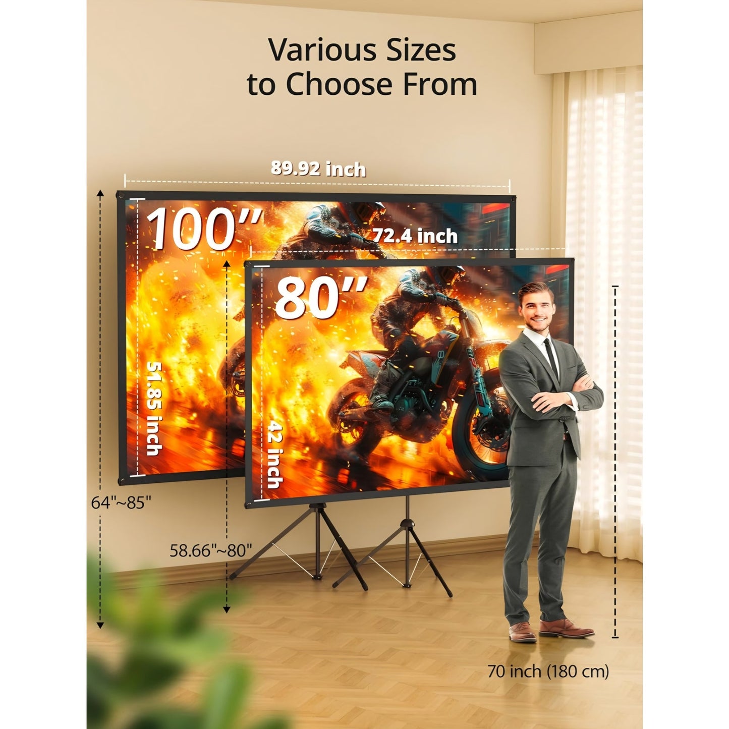 Projector Screen with Stand 80 inch Indoor Outdoor Projector Screen 16:9, 4K HD