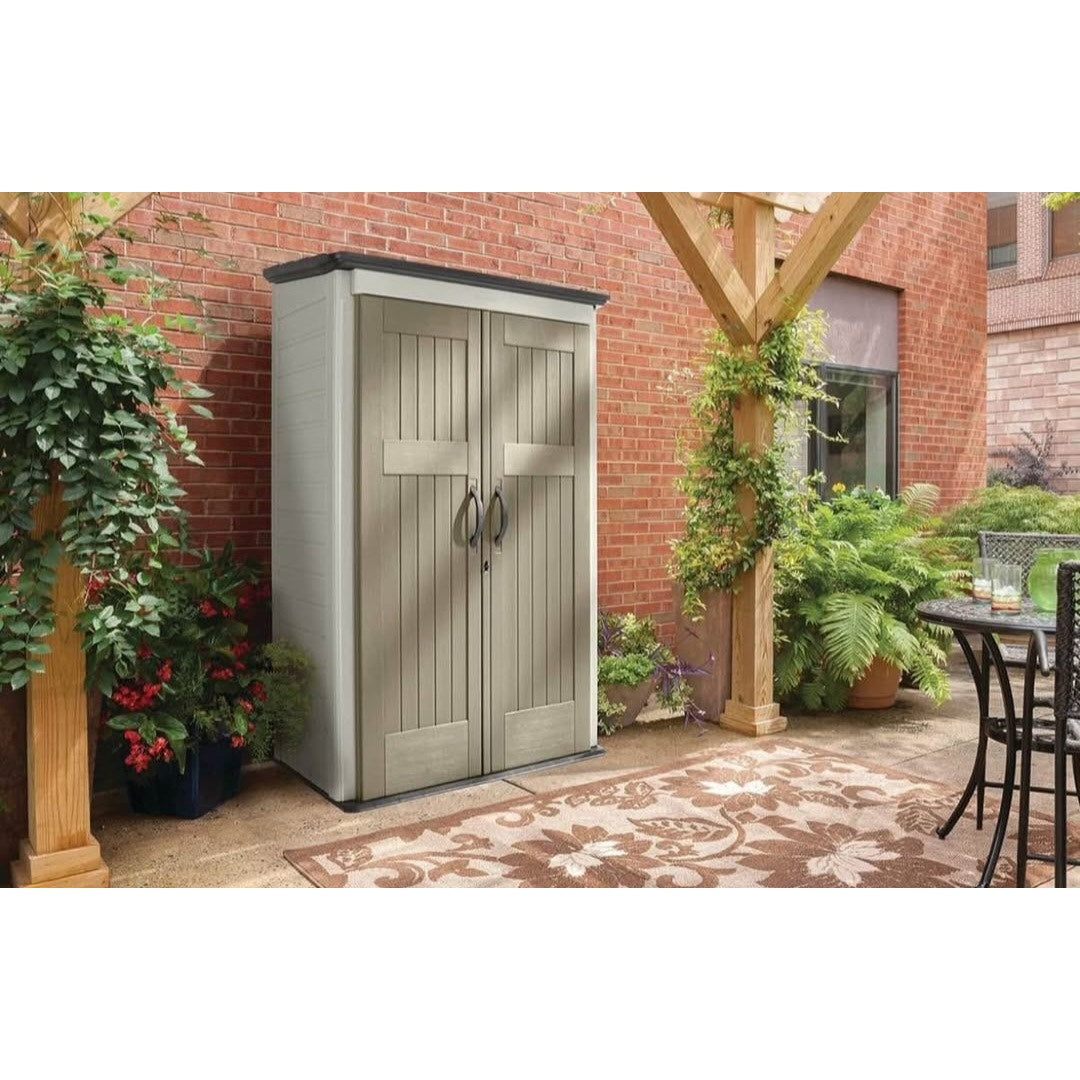 Rubbermaid Vertical Resin Outdoor Storage Shed With Floor (4 x 2.5 Ft) Weather Resistant Beige