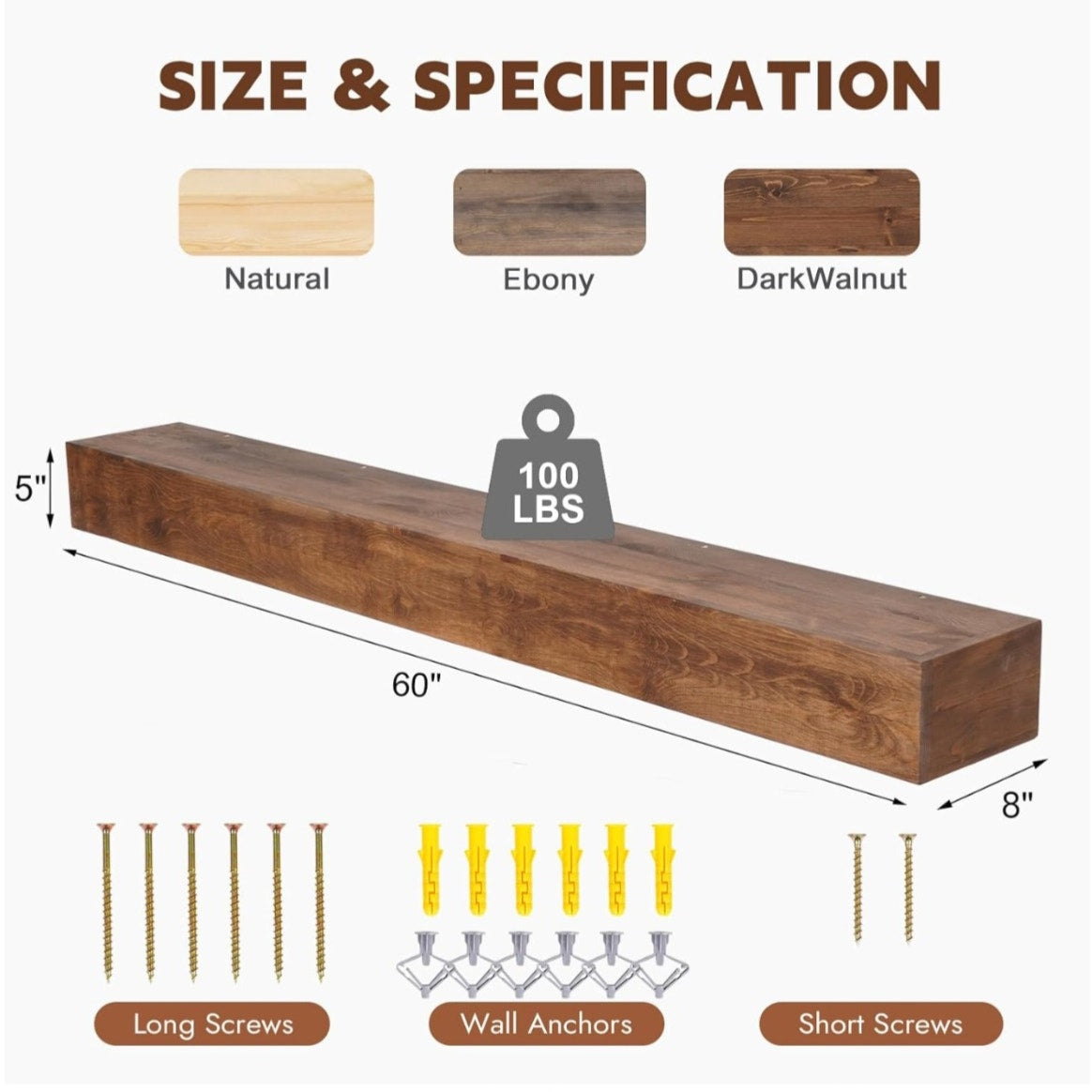 Fireplace Mantle Shelf - 60×8×5Inch Handcrafted Wall Floating Mantel Shelf for Over Fireplace - Rustic Traditional Wooden Fireplace Mantels with Invisible Heavy Duty Wood Bracket