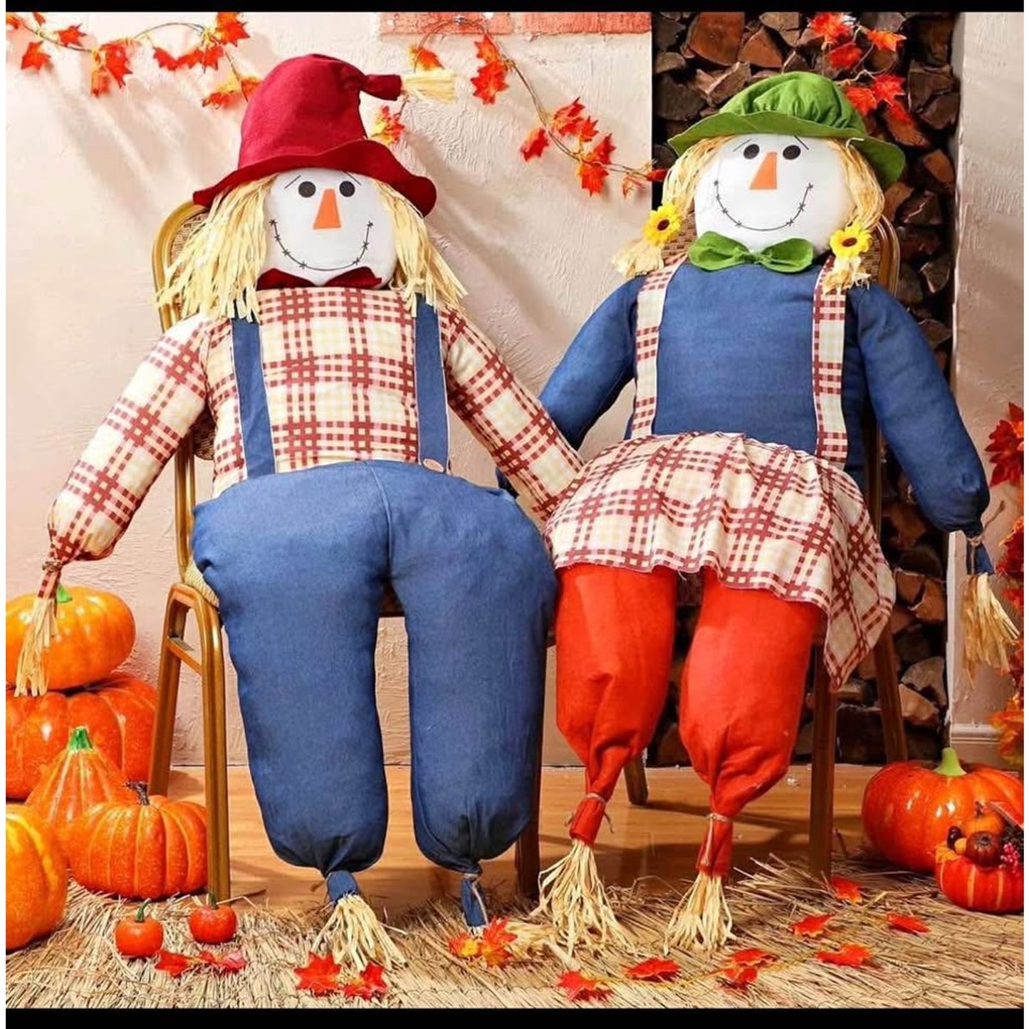 2 Pcs 64 Inches Harvest Sitting Scarecrow Large Scarecrow Garden Scarecrows for Indoor Outdoor Fall