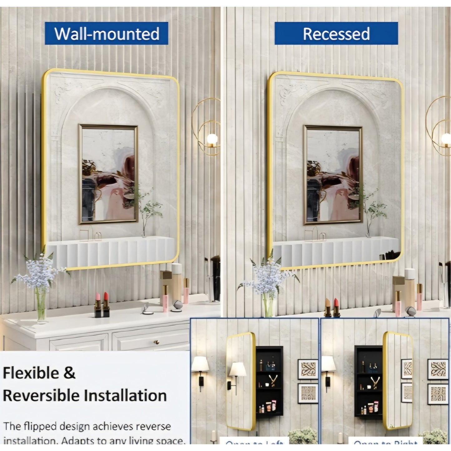 24x30 Inch Bathroom Medicine Cabinet with Mirror Gold Metal Framed Recessed or Surface Wall Mounted