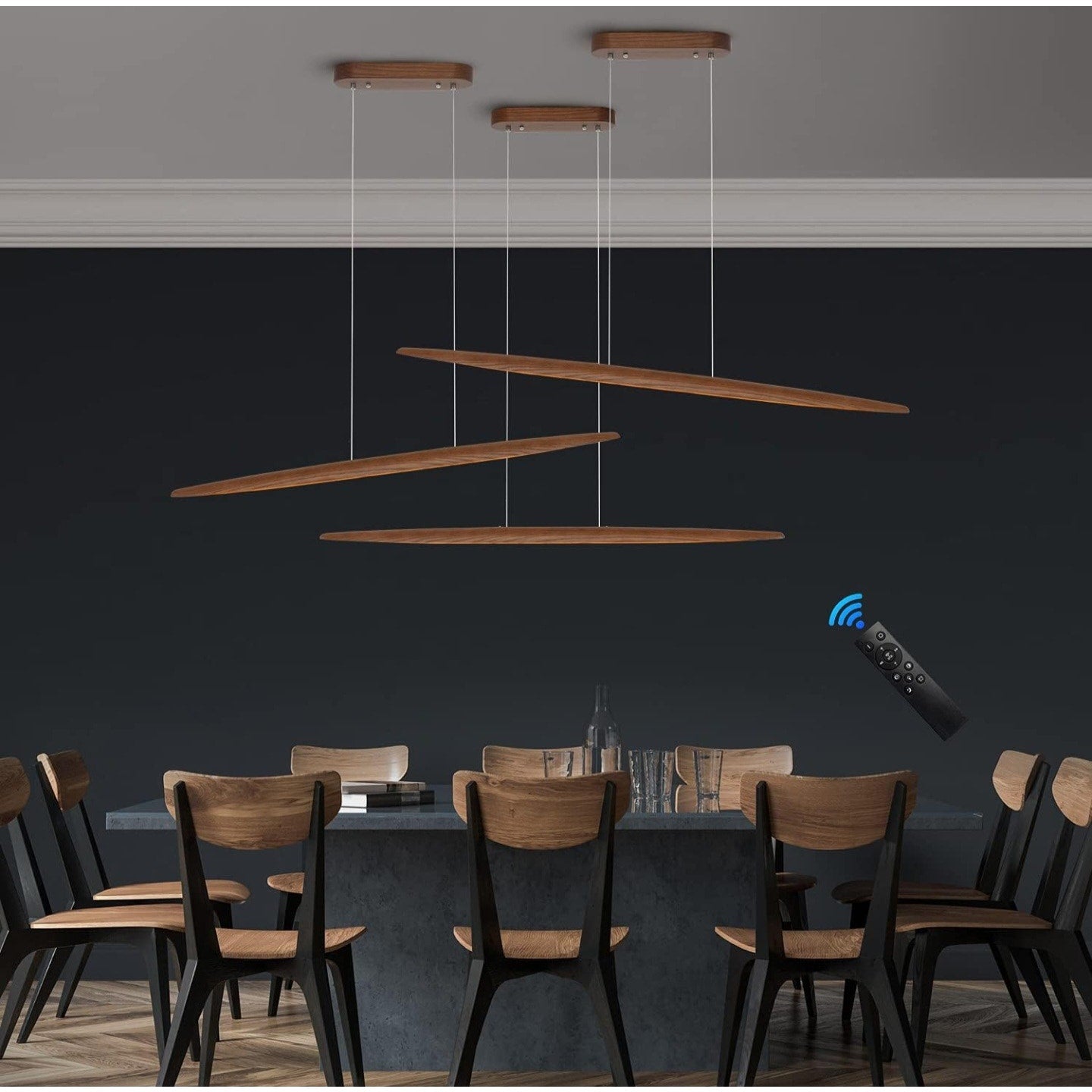 39" Wood Linear Pendant Light LED Dimmable Hanging Light Dinning Room Light Fixture Island Lights