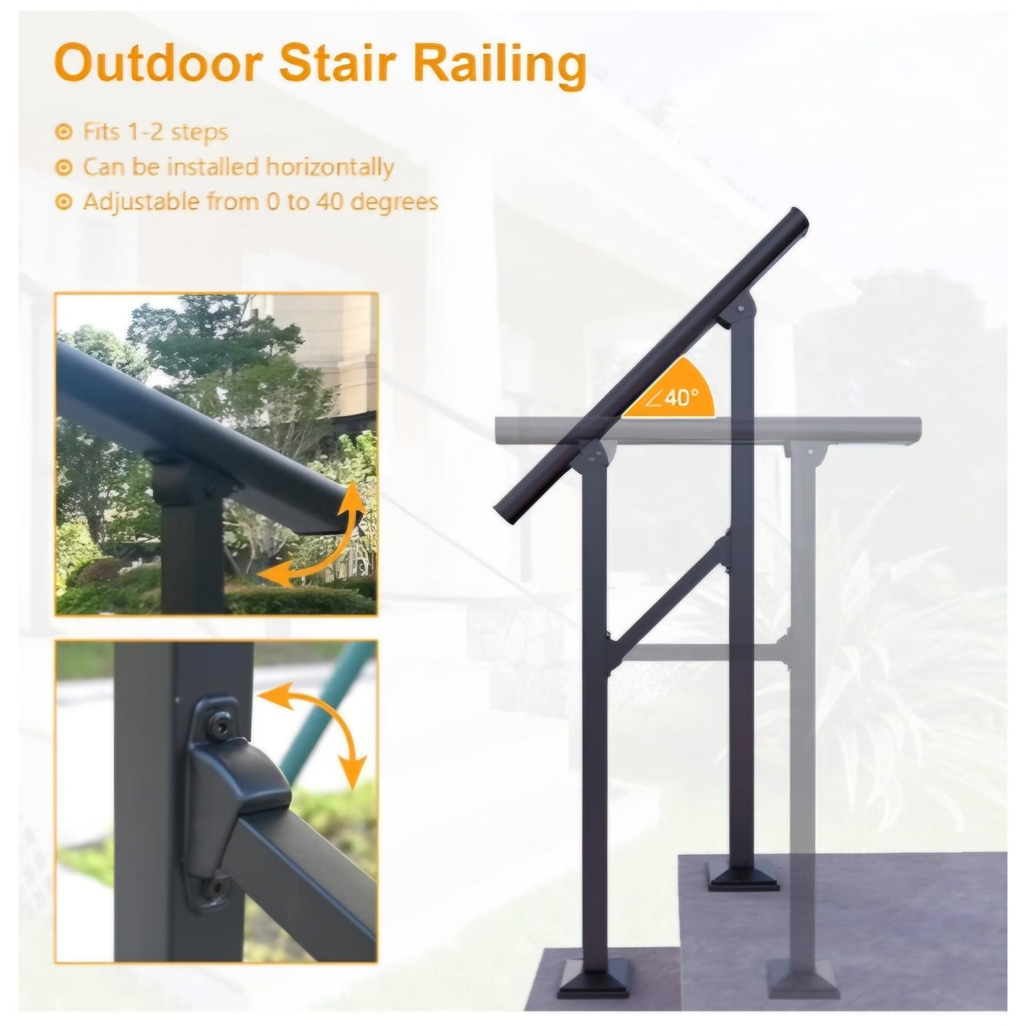 DIYHD 10 Step Handrail for Outdoor,Powder Coated Iron Stair Railing,Black Hand Rails for Indoor
