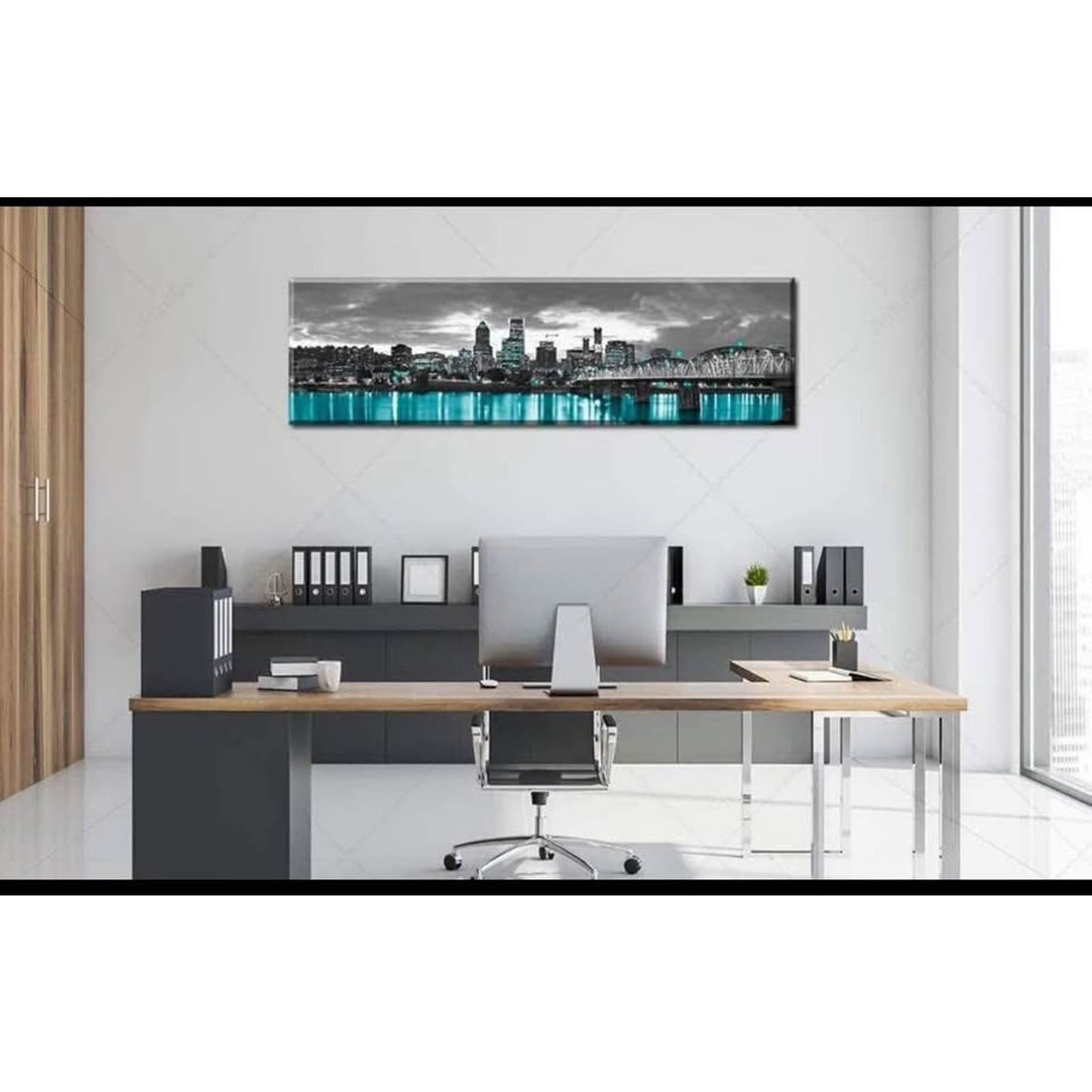Portland Framed Wall Art Canvas - Black and White City Skyline Wall Decorations for Bedroom 14"X48"