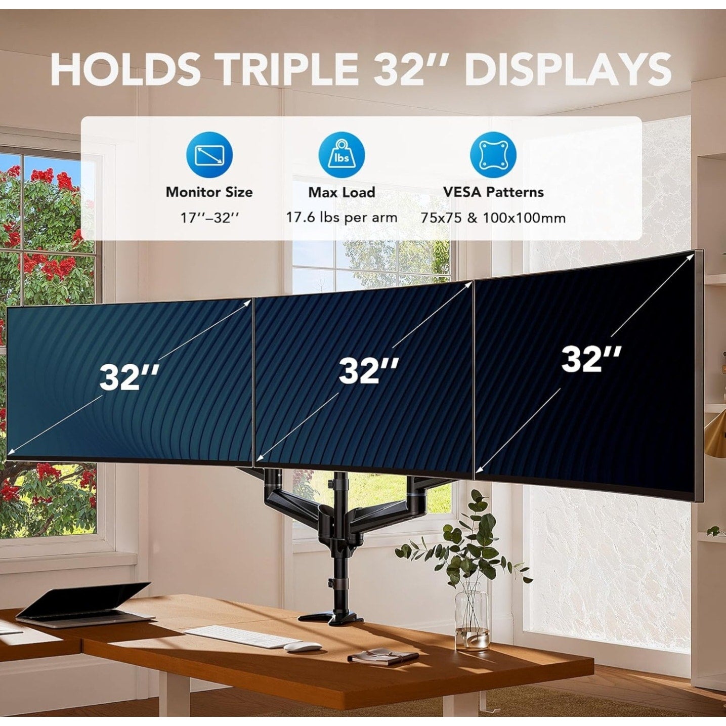 HUANUO Triple Monitor Mount for 17 to 32 inch Screens, Gas Springs Adjustment Triple Monitor Stand