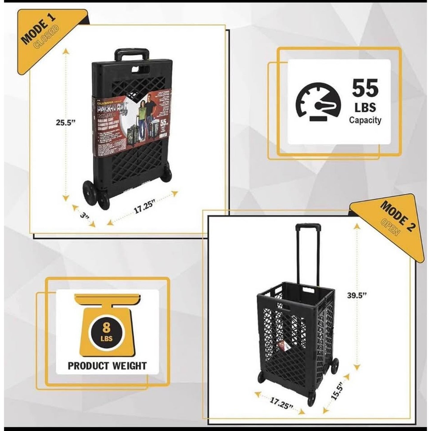 Olympia Tools 85-404 Pack-N Mesh Rolling Cart, 55 Lb, Plastic, 55LB, Black