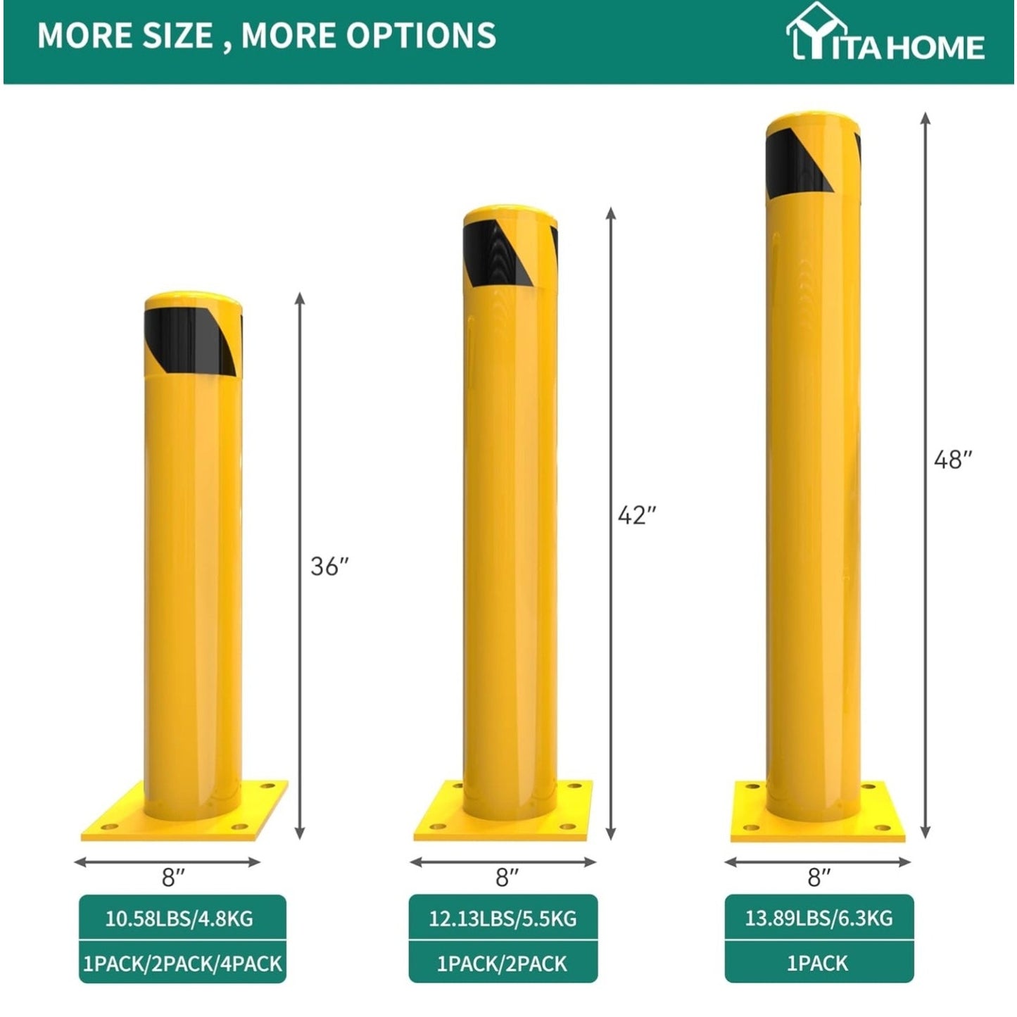 YITAHOME Safety Bollard Post, 42" x 4.5" Steel Bollards for Warehouse, Yellow, 2 Pack