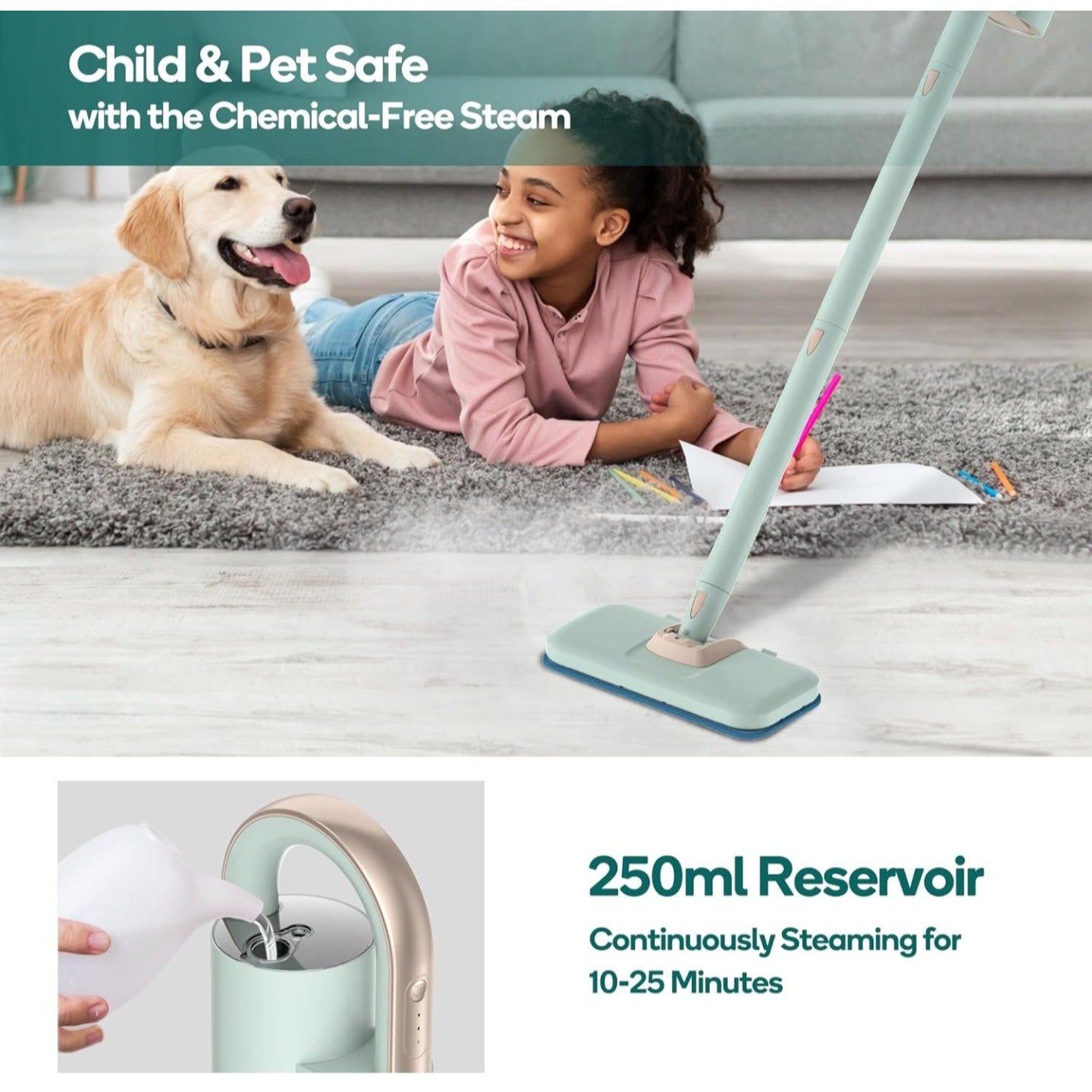 Newbealer Steam Mop & Detachable Handheld Cleaner, 250ml 1200W Powerful Floor Steamer, 3 Adjustable