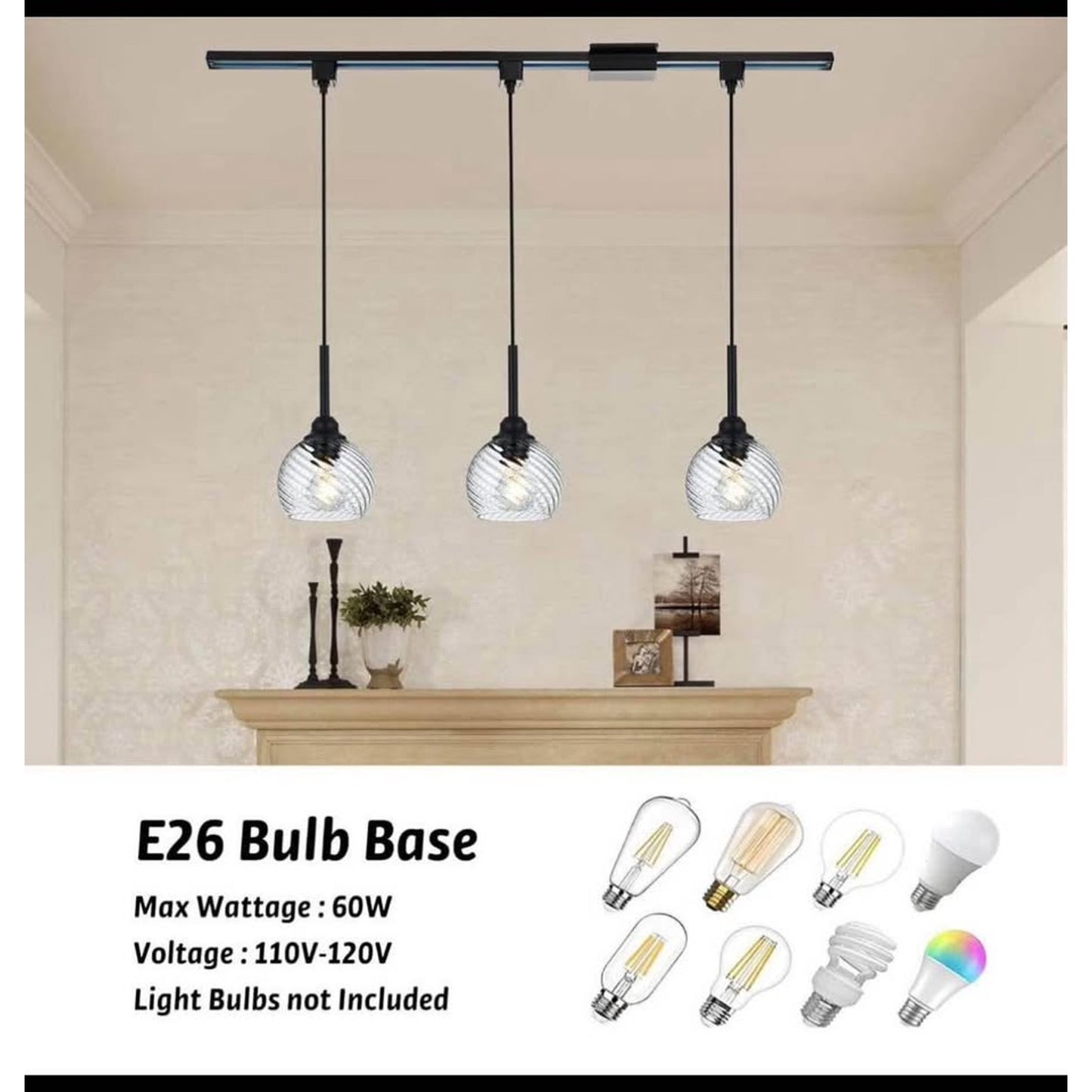 3 Pack H-Type Track Pendant Lighting Fixtures Black Hanging Pendant Lights Kitchen Island with Clear