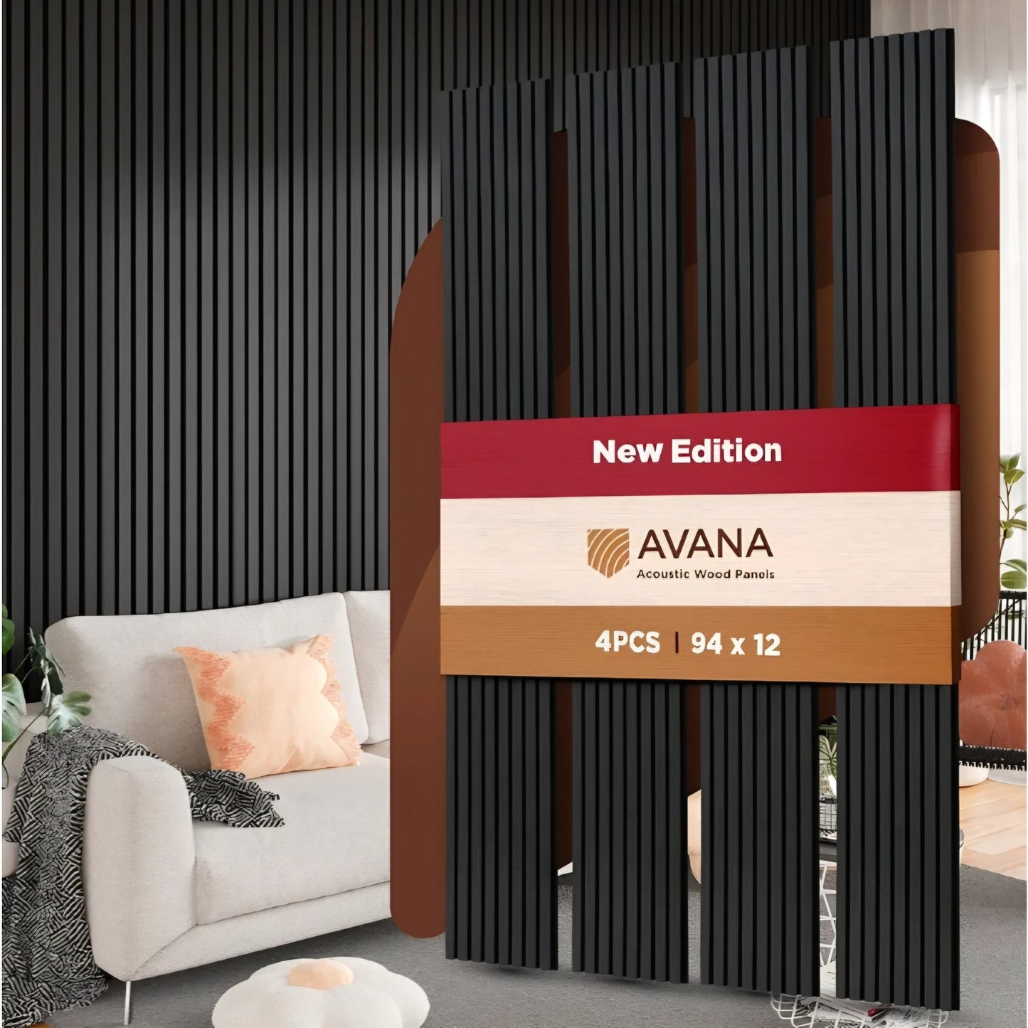 Avana Acoustic Wood Wall Panels – 94.4 x 12.6 Inch Black Oak Acoustic Panels 4 PCs – Wall Panels