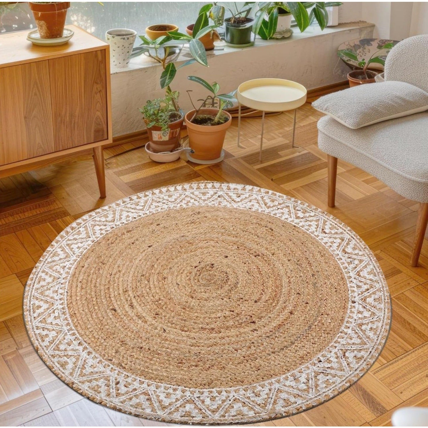 voyzz home Premium Quality Jute Braided Area Rug, 6-feet Round, White Printed Border,