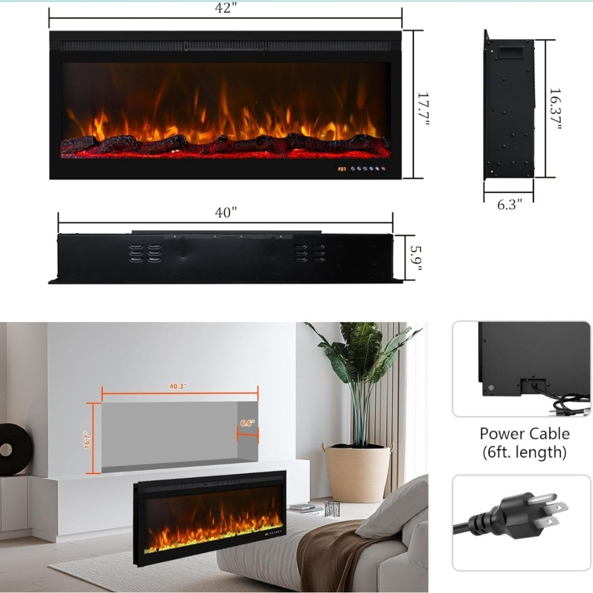 Smart 42 Inch Wall Mounted and Recessed Electric Fireplace Inserts, App & Remote & Touch Screen Control, 13X13 Flame & Fuel Bed Color Combinations, 750W/1500W, Black