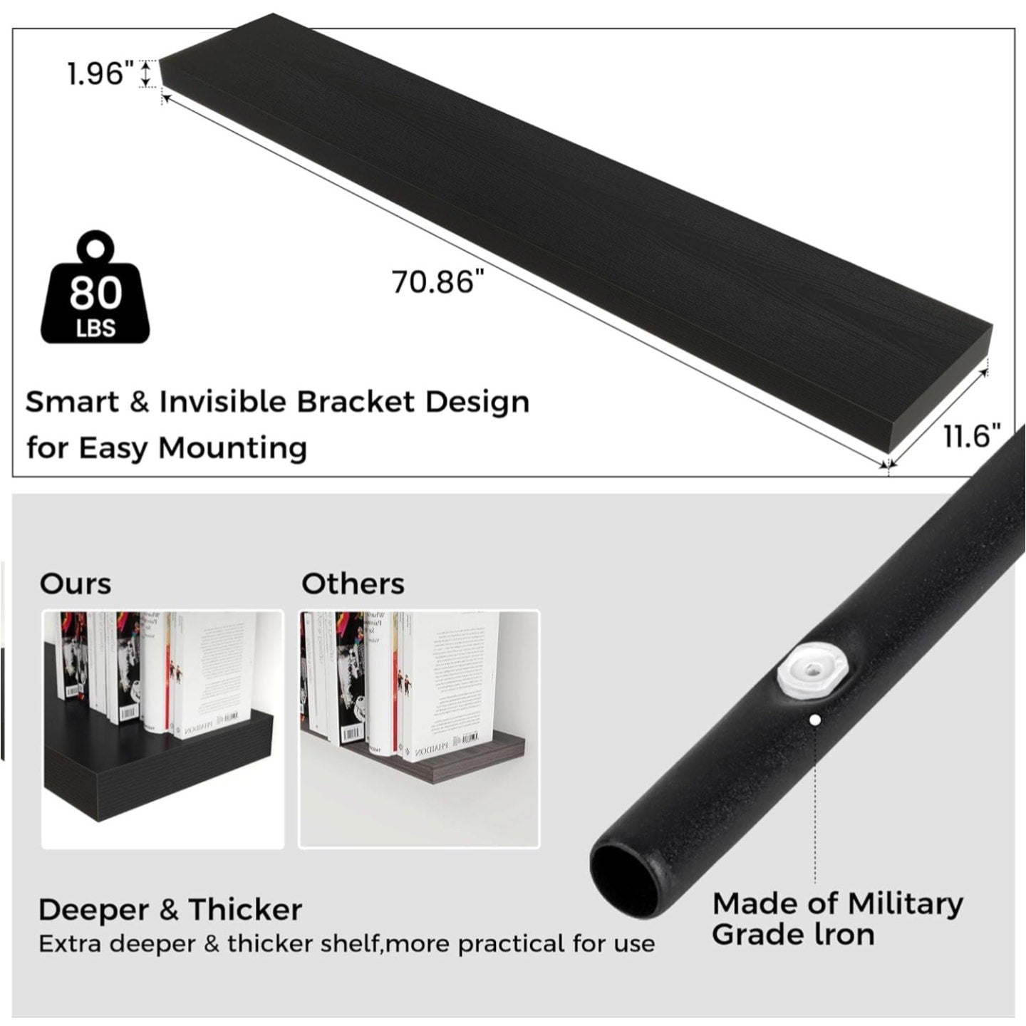 Large Floating Shelves for Wall, 72" W x 11.6" D x 2" H, 1 Pack of Long Wall Mounted Engineered