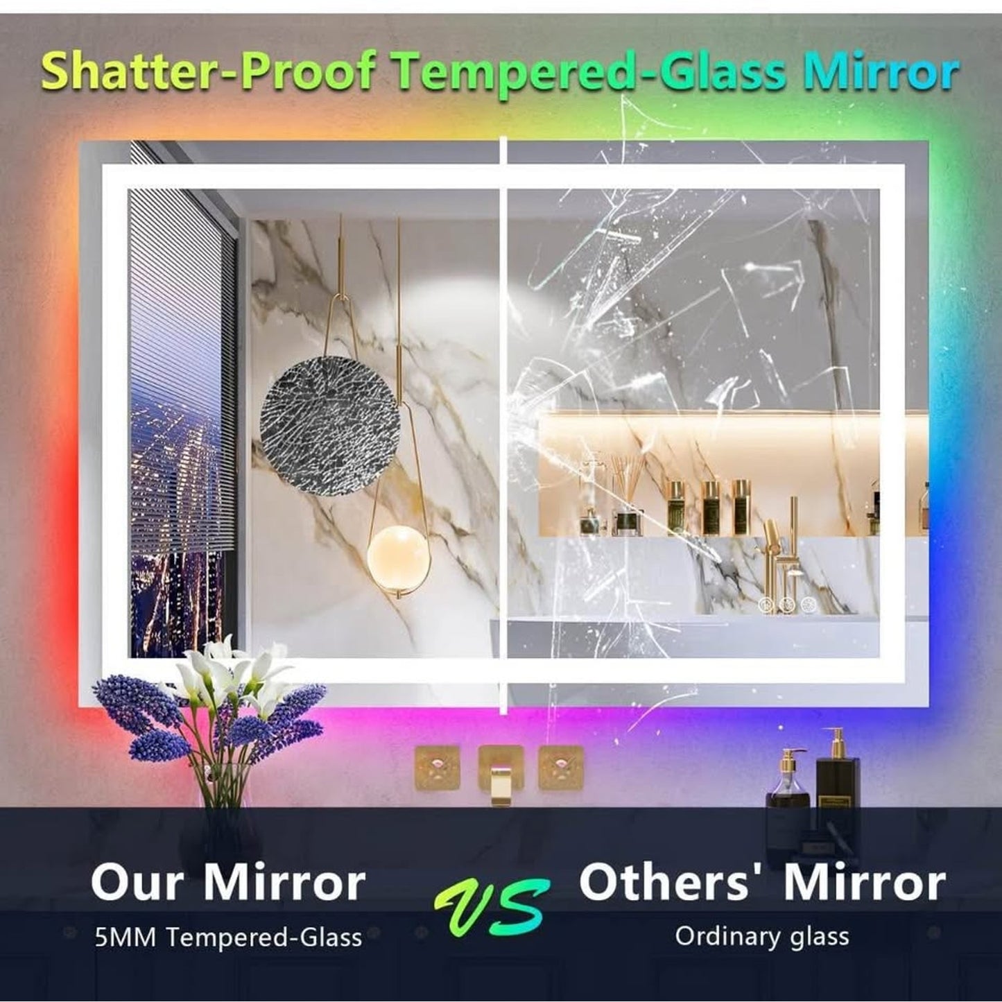 48x38 Inch RGB LED Bathroom Mirror Front Light and RGB Backlit Lighted Vanity Mirror for Bathroom Wa