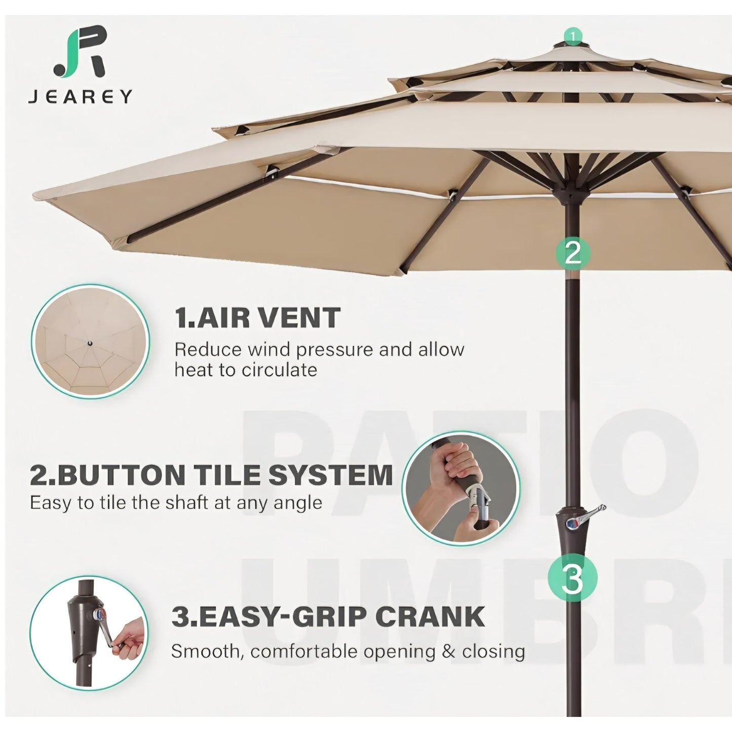 Patio Umbrella Market Umbrella Table Umbrellas with 8 Ribs 1.5 Pole Push Button Tilt and Crank