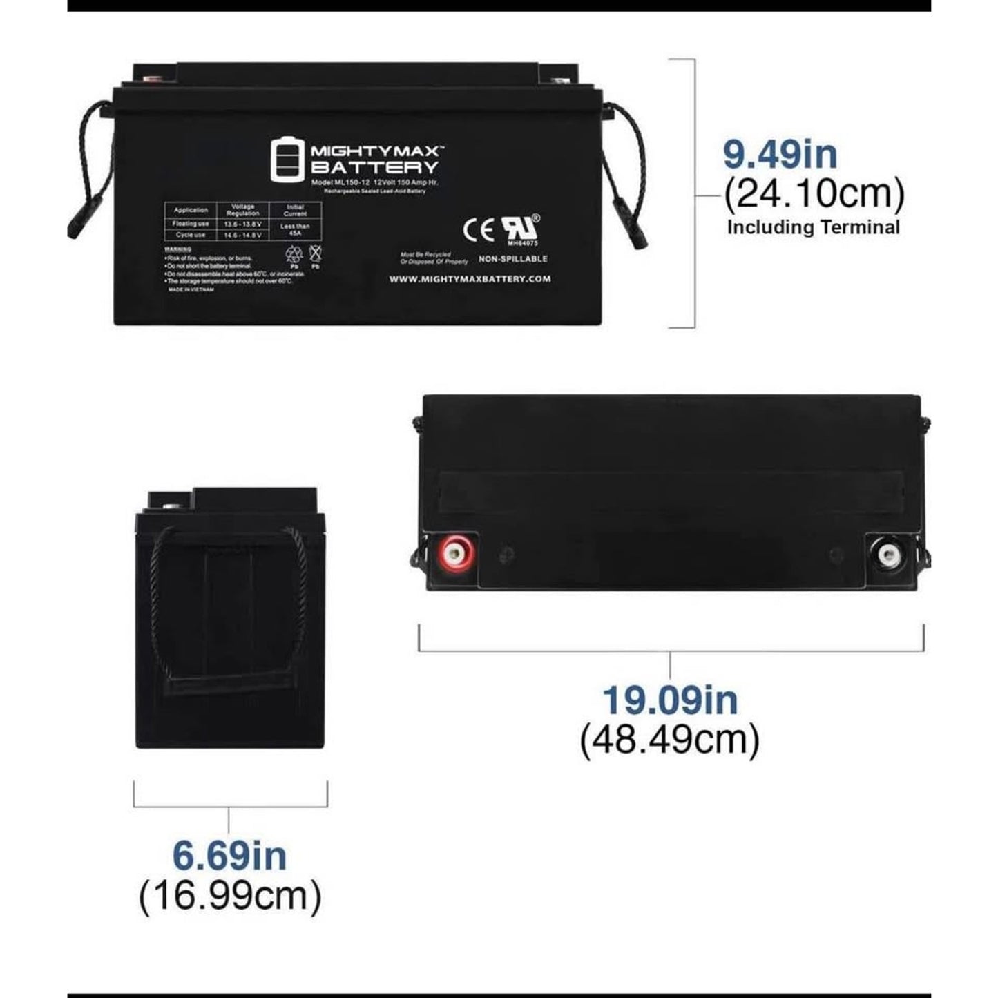 Mighty Max Battery ML150-12 - 12 Volt 150 AH, Internal (INT) Terminal, Rechargeable SLA AGM Battery