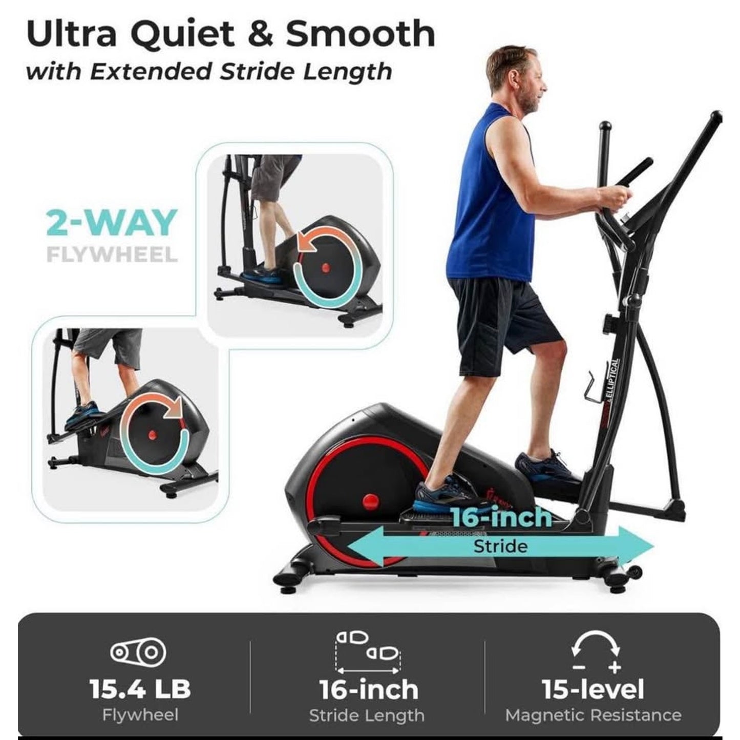 Sunny Health & Fitness Smart Elliptical Full-Body Cross Training Machine w/Extended Stride, Cardio E