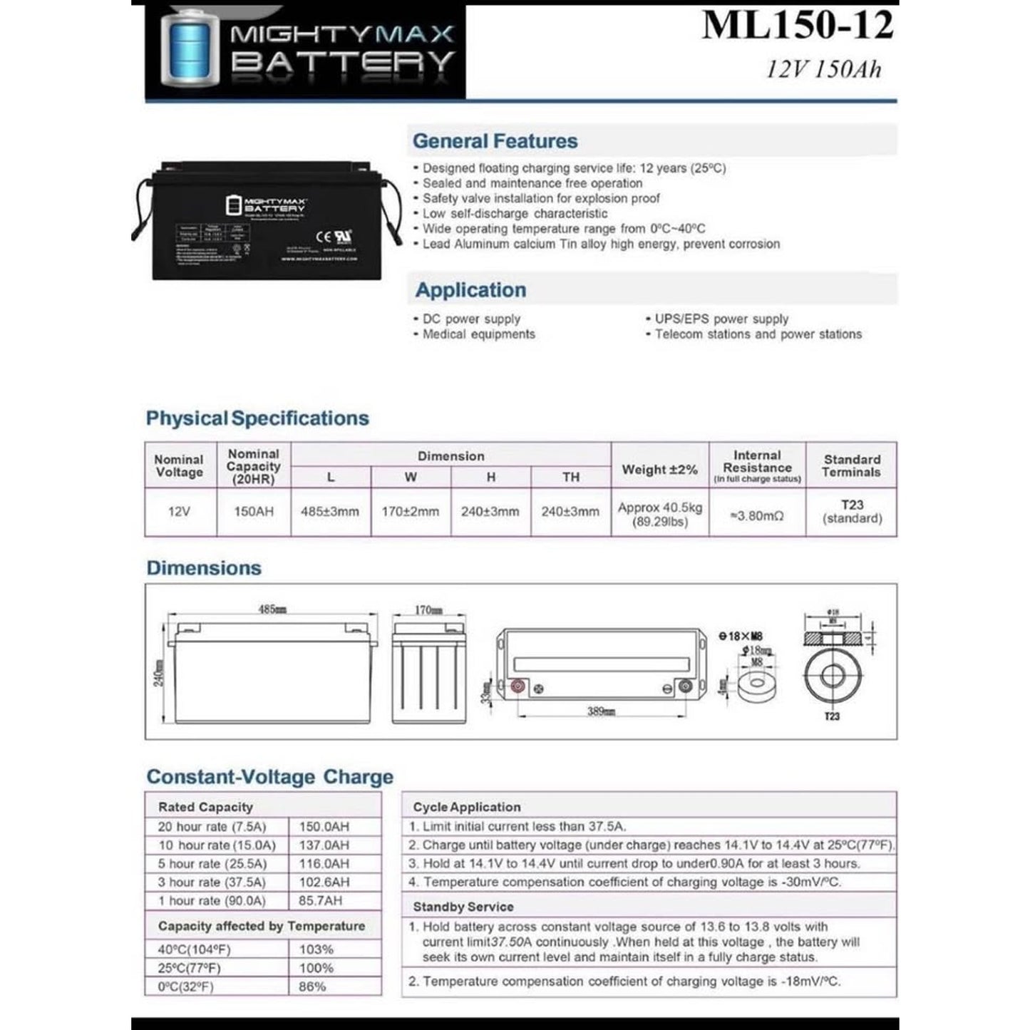 Mighty Max Battery ML150-12 - 12 Volt 150 AH, Internal (INT) Terminal, Rechargeable SLA AGM Battery
