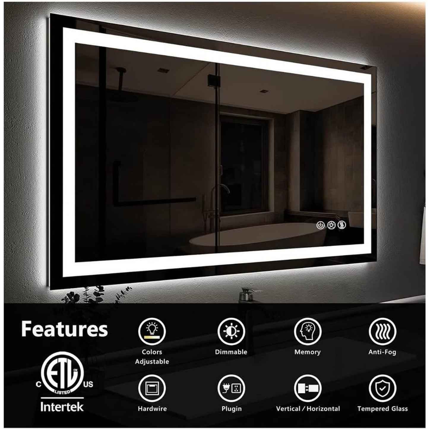 ROOMTEC 48 x 36 Inches LED Bathroom Mirror with Front and Backlit,Anti-Fog,3 Colors and Dimmable Lig