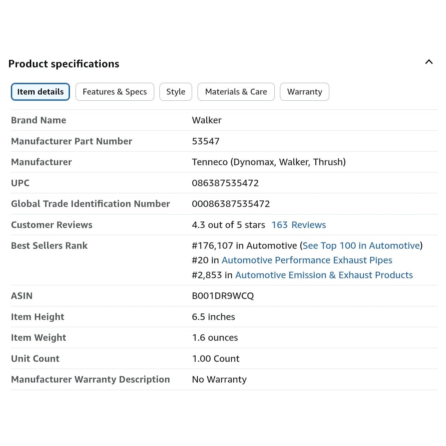 Walker 53547 Exhaust Pipe for Honda Accord