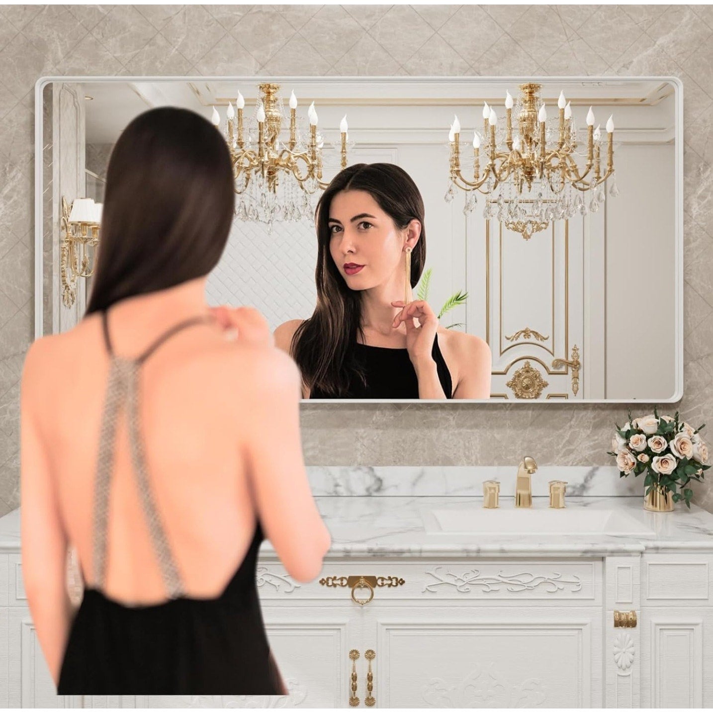 LOAAO 72x40 Inch White Metal Framed Bathroom Mirror for Wall, White Bathroom Vanity Mirror Farmhous