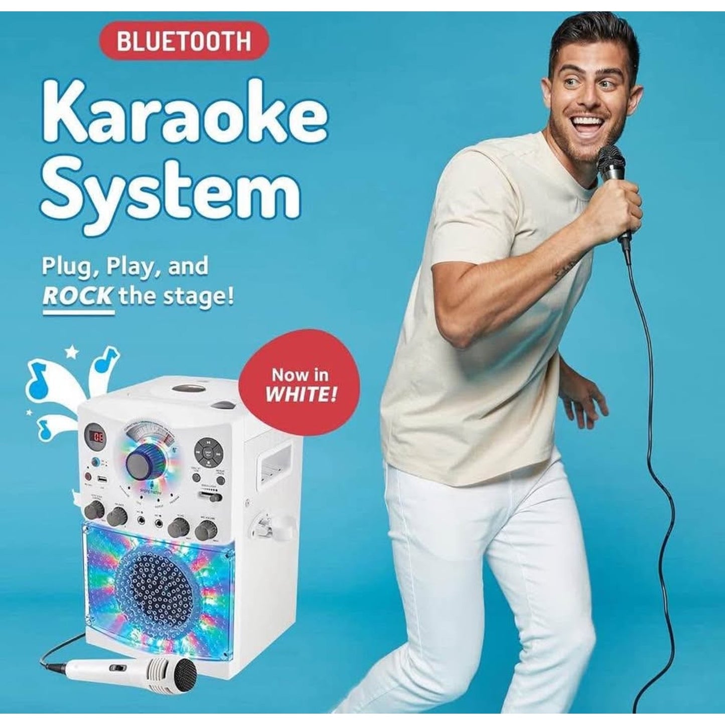 Singing Machine Portable Karaoke Machine for Adults & Kids with Wired Microphone, White - Built-In S
