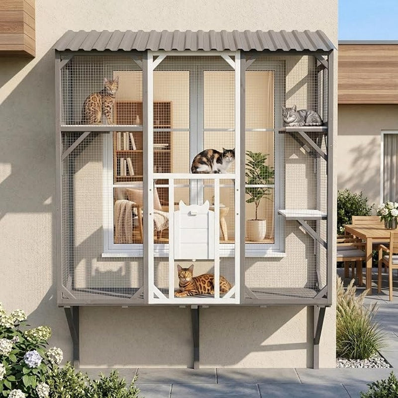Window Mounted Cat Enclosure Outdoor Catio with 4 Platforms, Wooden, Wire Mesh, Grey & White