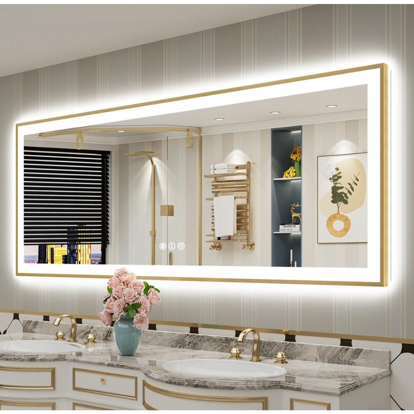 84x32 Gold Framed LED Bathroom Mirror with Lights, Backlit + Front Lit, Anti-Fog Lighted Vanity