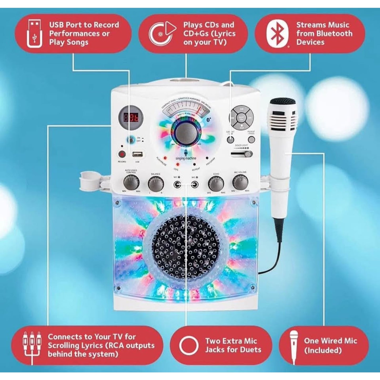 Singing Machine Portable Karaoke Machine for Adults & Kids with Wired Microphone, White - Built-In S