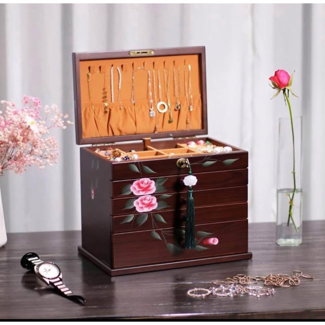 Jewelry Box Wood for Women, 5-Layer Hand-Paint jewelry holder organizer with necklace hanger,