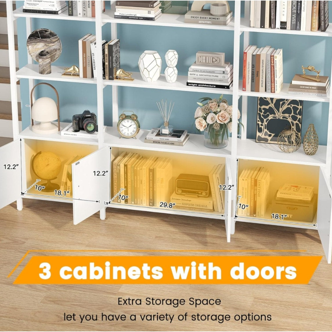 Semoic Arched Bookshelf and Bookcase with 3 Cabinets, Triple Wide 5 Tier Standing Book Shelf,