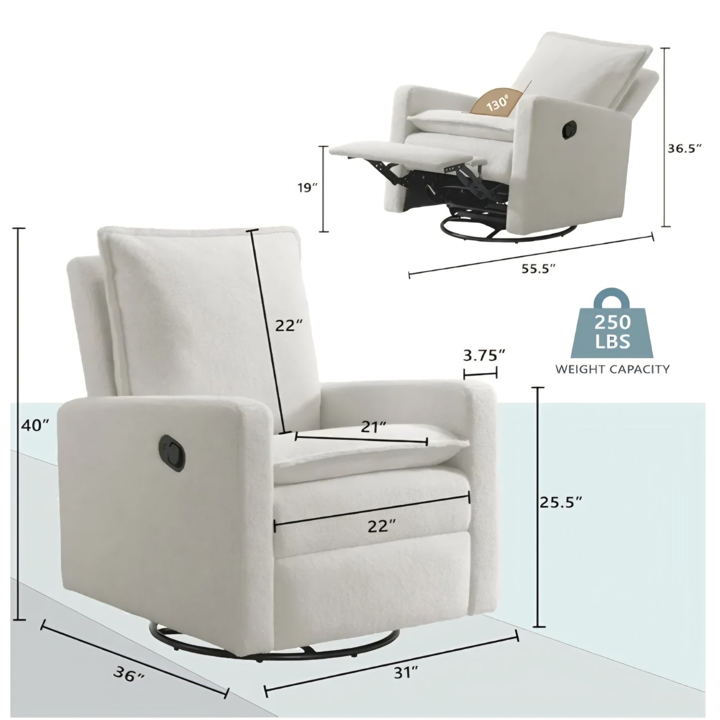 Oxford Baby Uptown Upholstered Swivel Glider and Recliner Nursery Chair, Boucle White