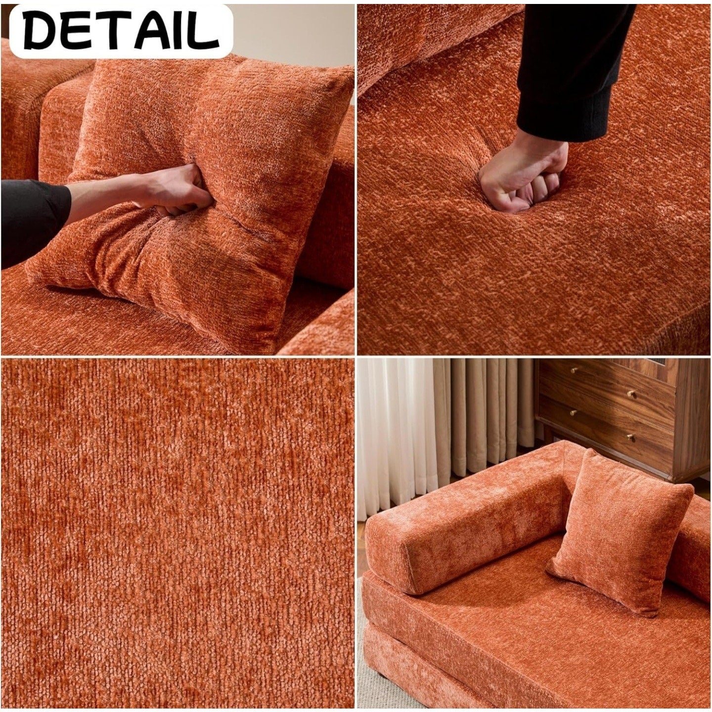 Convertible Floor Sofa Bed, Foldable Mattress Cloud Couch with Pillow Back & Armrest, Chenille Sleeper Sofa Bed with Fixed-Shape Frame, Compressed Couch for Living