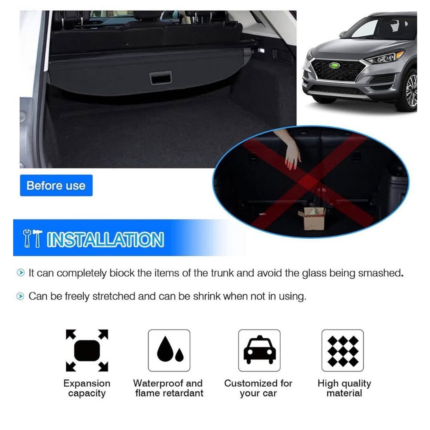 Powerty Cargo Cover for 2022-2024 2025 Hyundai Tucson Accessories Trunk Cover Retractable Trunk Shie