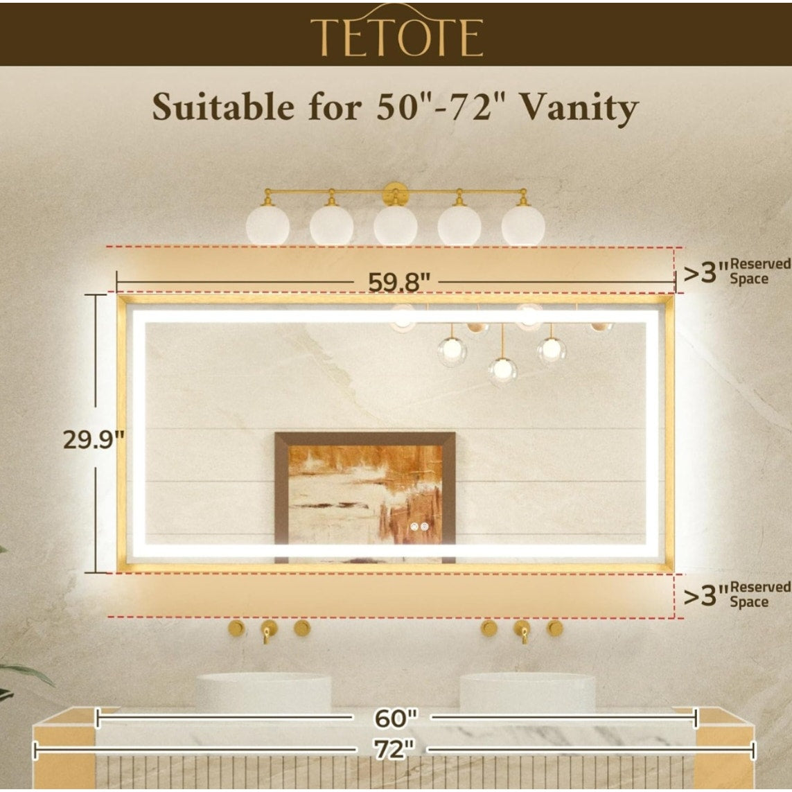 TETOTE 60 x 30 Large Bathroom Mirror Brushed Nickel Metal Frame Frontlit & Backlit Vanity Mirror