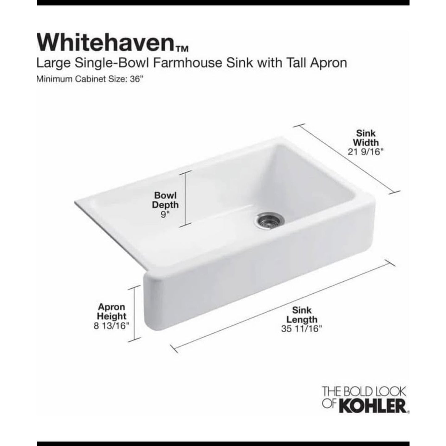 KOHLER 6489-0 Whitehaven 35 3/4" Undermount Single-Bowl Farmhouse Sink, Self-Trimming Tall Apron Fro