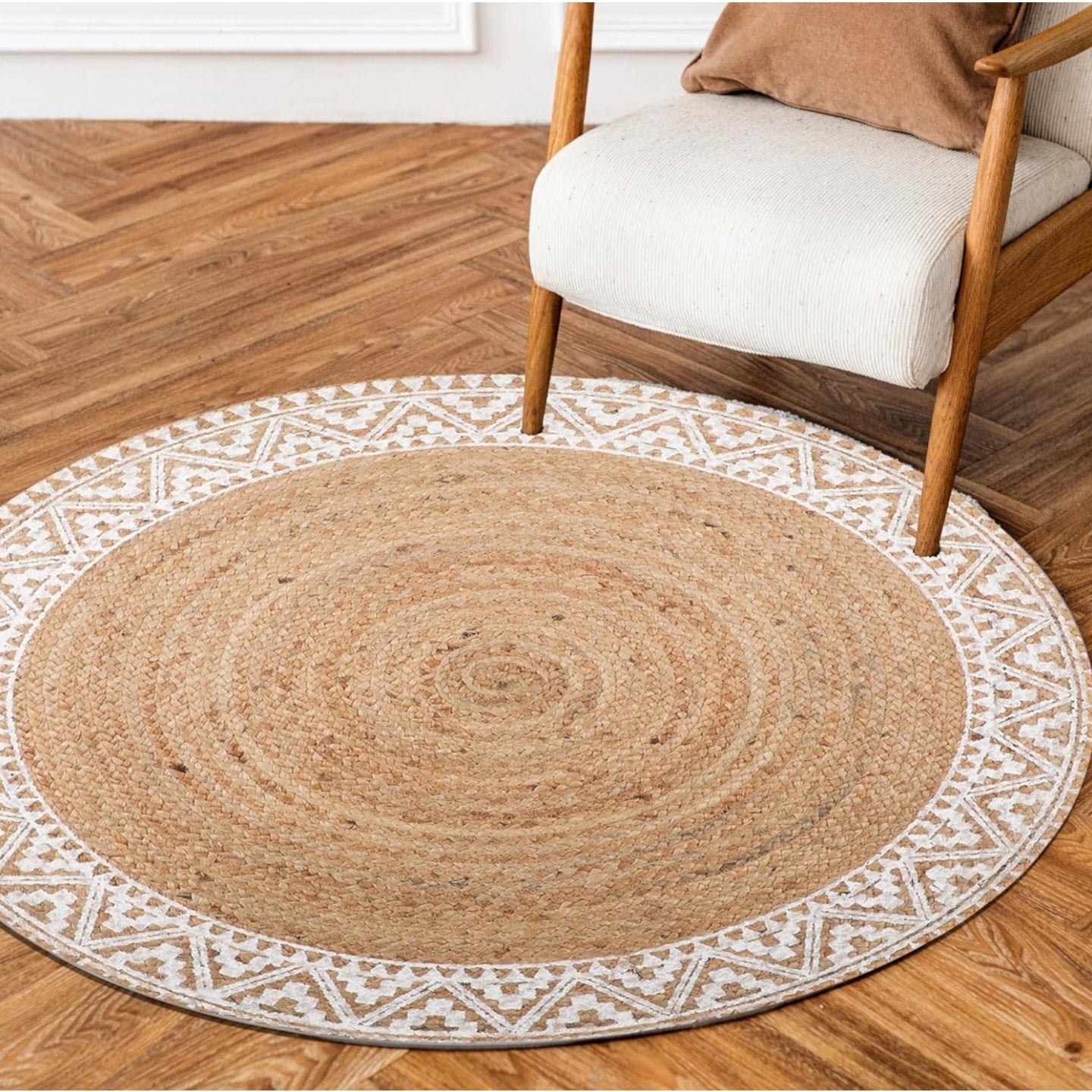 voyzz home Premium Quality Jute Braided Area Rug, 6-feet Round, White Printed Border,