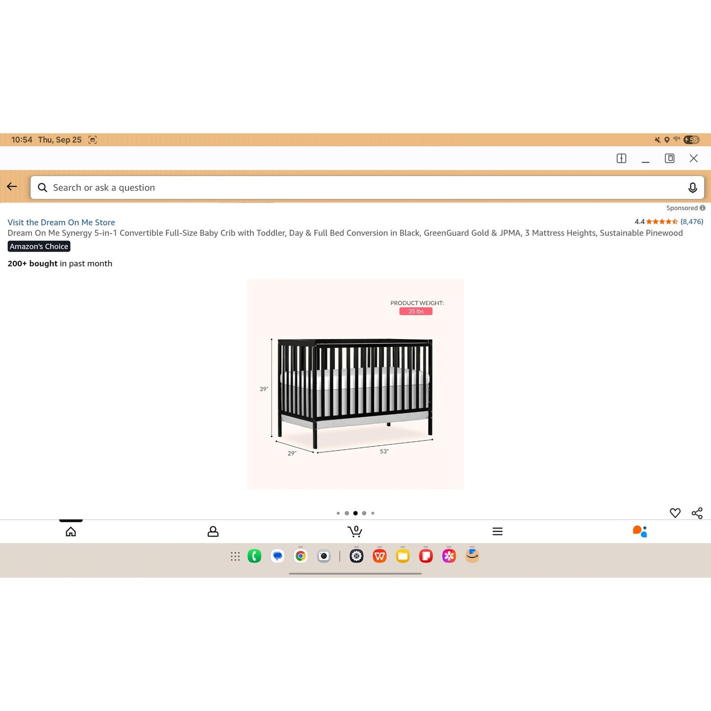Dream On Me Synergy 5-in-1 Convertible Full-Size Baby Crib with Toddler, Day & Full Bed