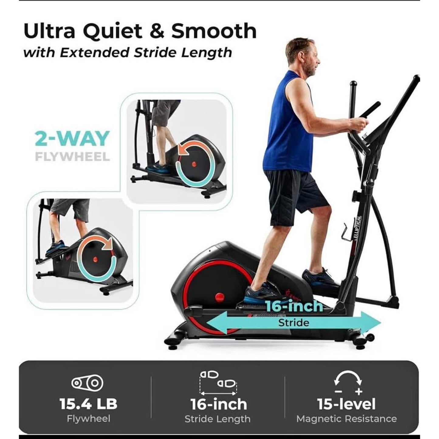 Sunny Health & Fitness Smart Elliptical Full-Body Cross Training Machine w/Extended Stride, Cardio E