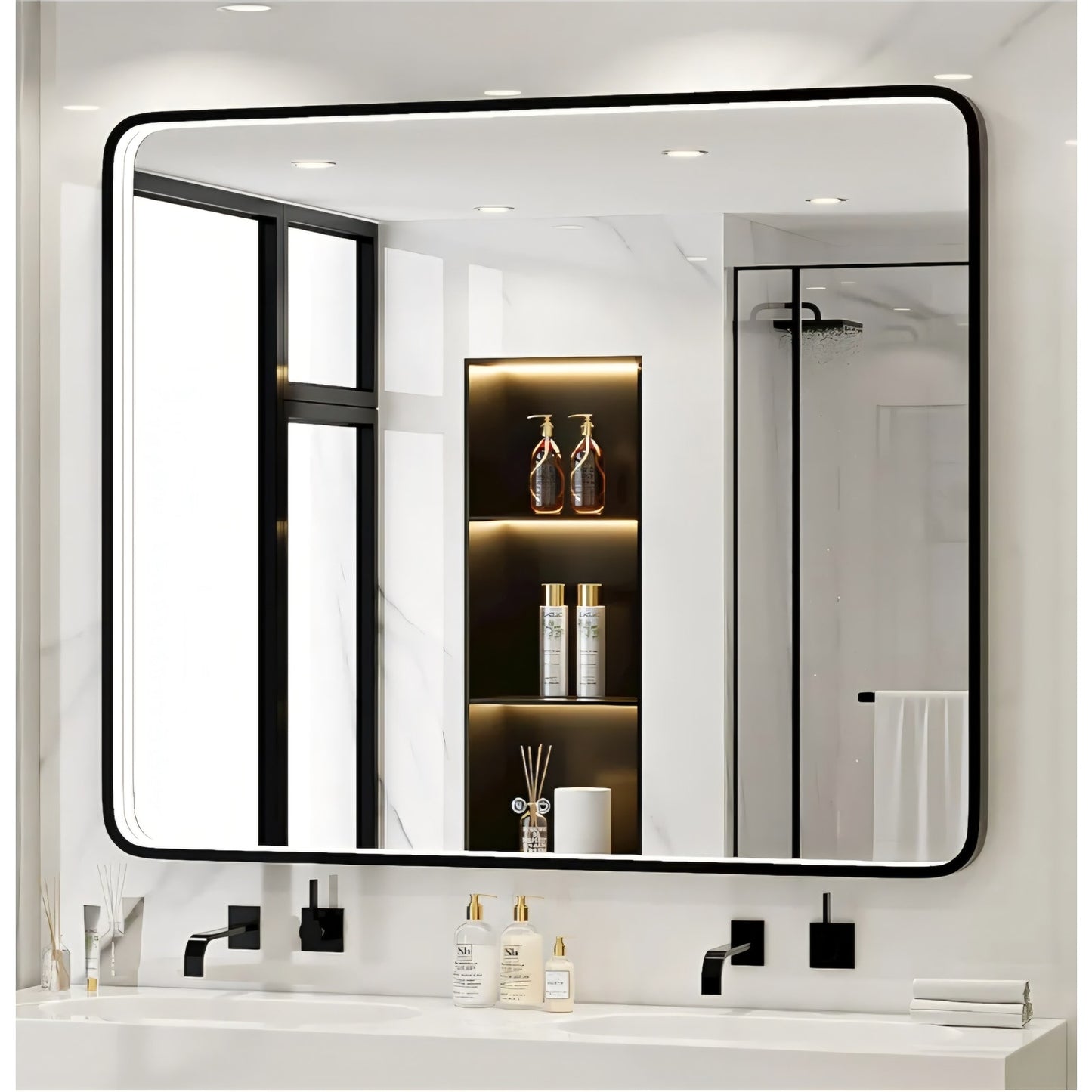 43X36 Inch Black LED Bathroom Mirror with Lights,Metal Frame Lighted Vanity Mirror,Anti Fog,Dimmabl
