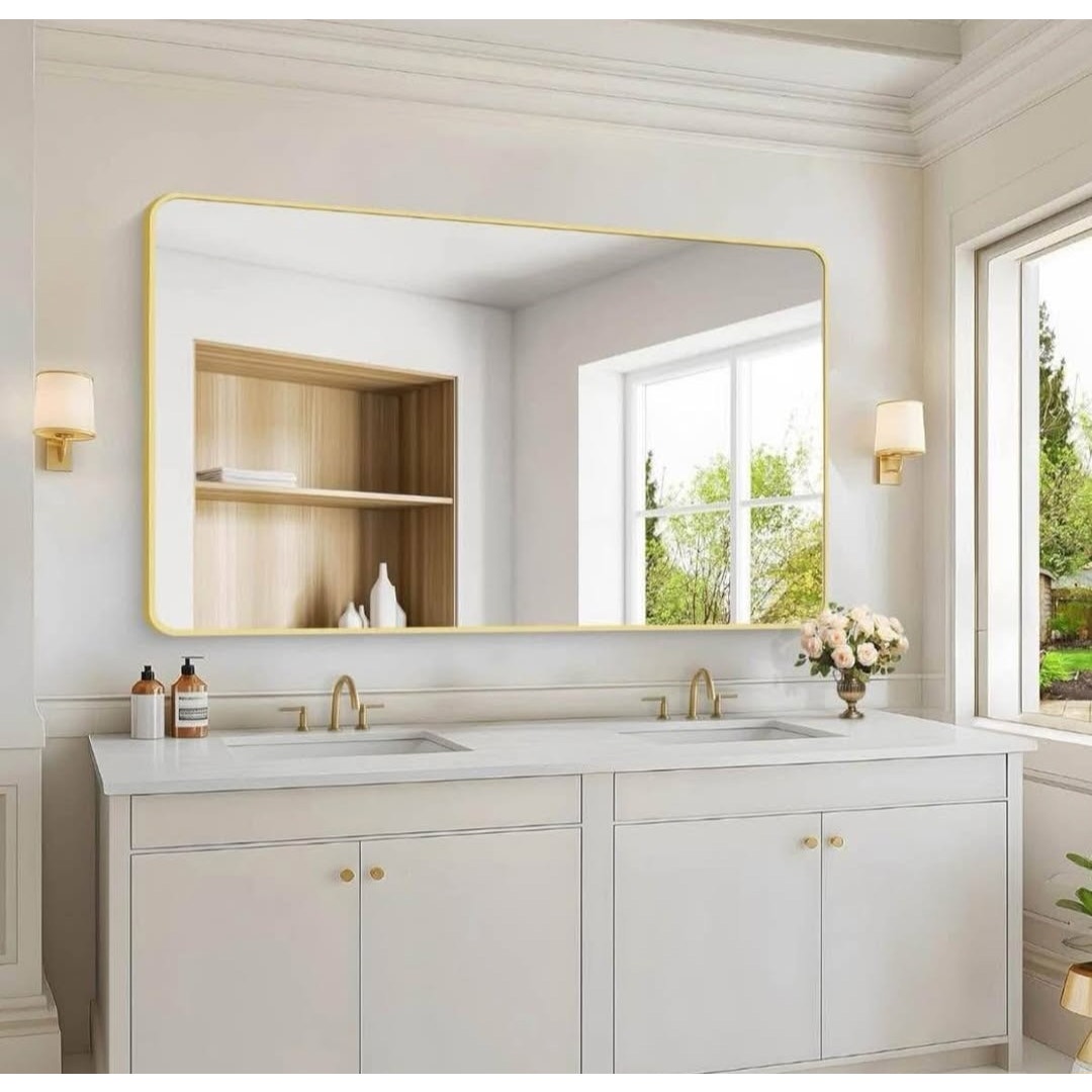 55"x36" Gold Bathroom Mirror, Large Rectangle Mirror, Rectangular Wall Mirror, Rounded Corner Vanit