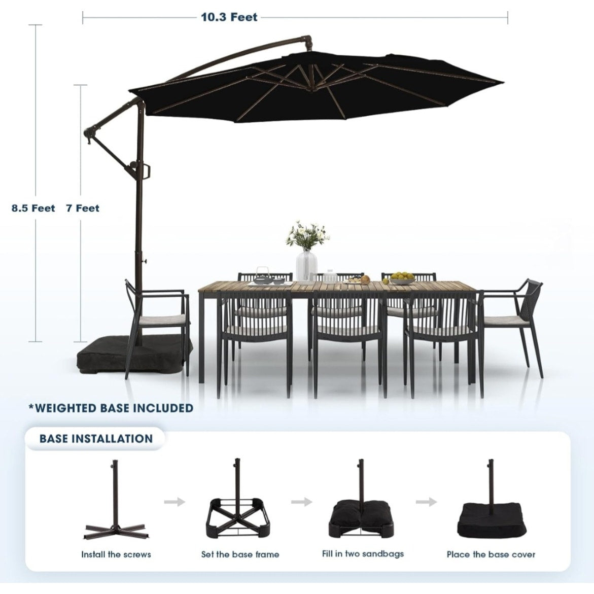 10ft Patio Umbrella with Base Included, Outdoor Offset Cantilever Umbrella, Crank and Cross Base,