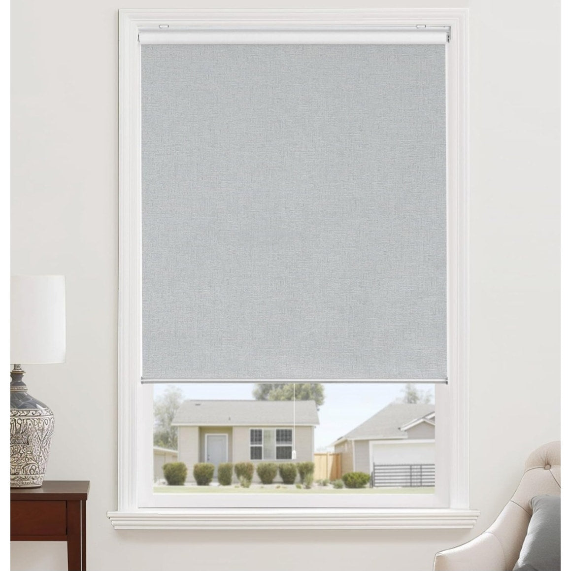 ChrisDowa Cordless 100% Blackout Roller Shade. Light Grey, 56"W x 72"H