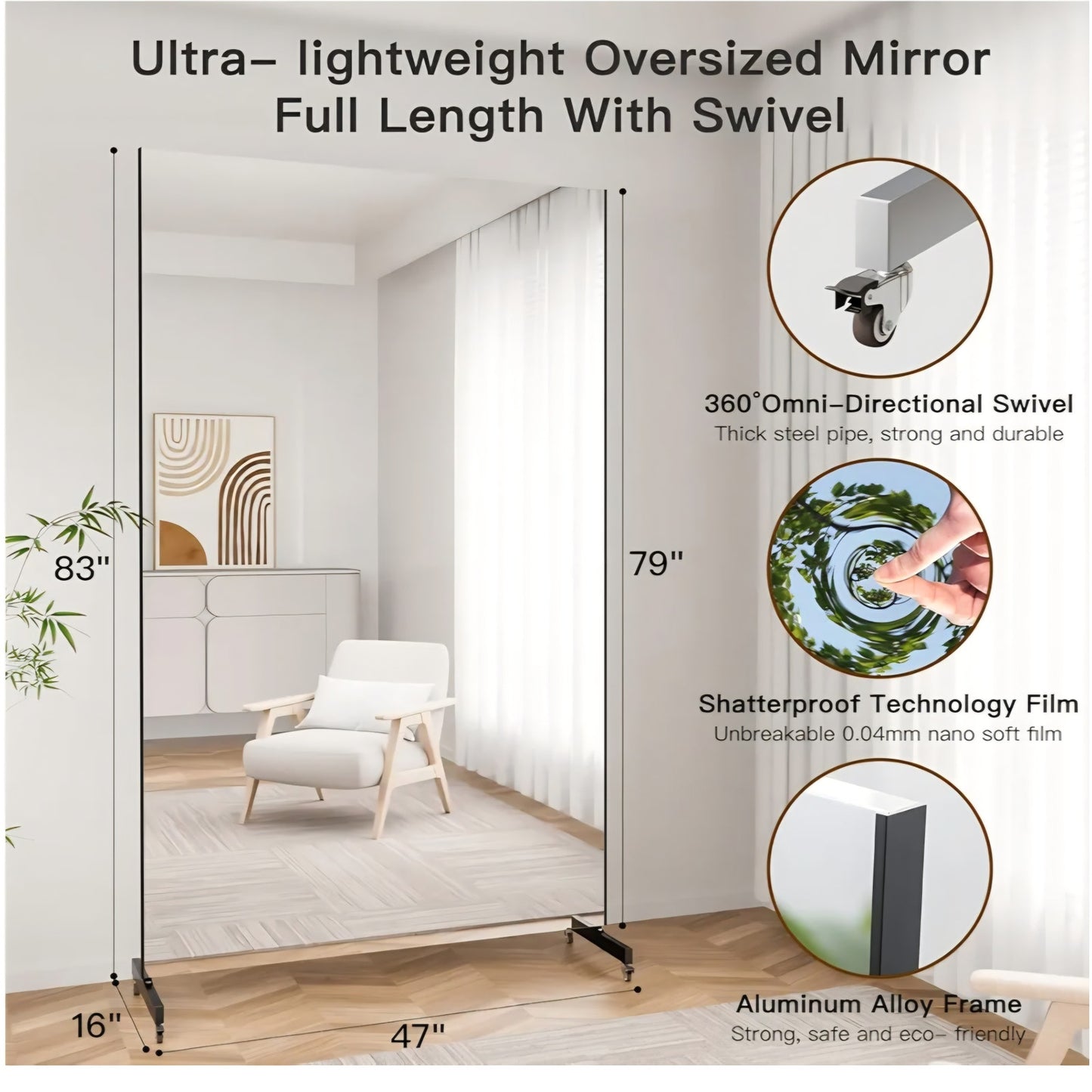 brisafe Home Gym Mirror 360° Swivel on Wheels, 79" X 47" Extra Large Full Body Rolling Mirror