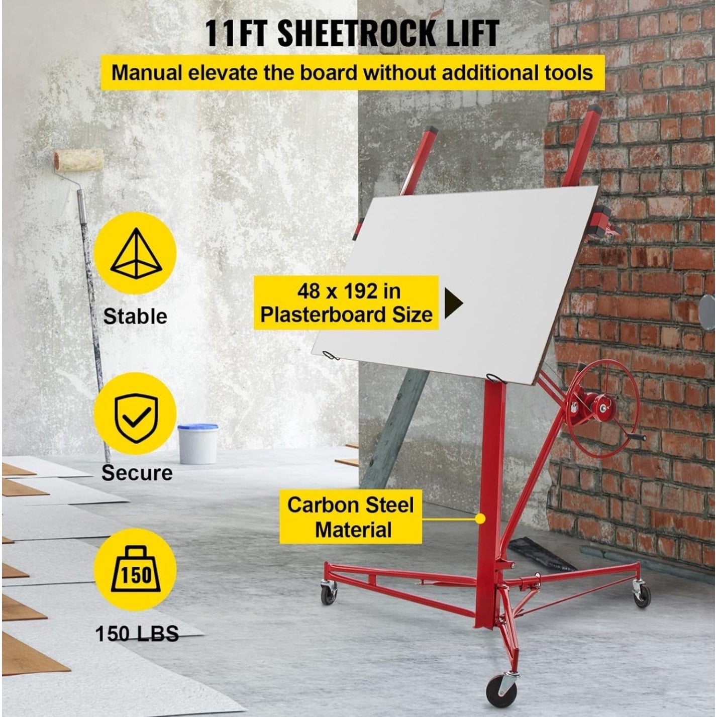 VEVOR Drywall Rolling Lifter Panel, 11ft Sheetrock Lift Drywall Lift, 150lb Weight Capacity Panel