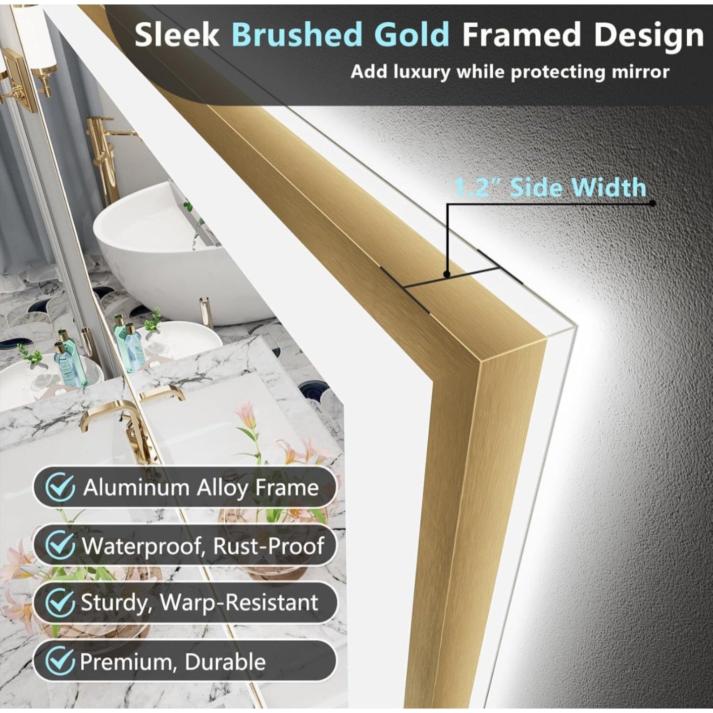 84x32 Gold Framed LED Bathroom Mirror with Lights, Backlit + Front Lit, Anti-Fog Lighted Vanity